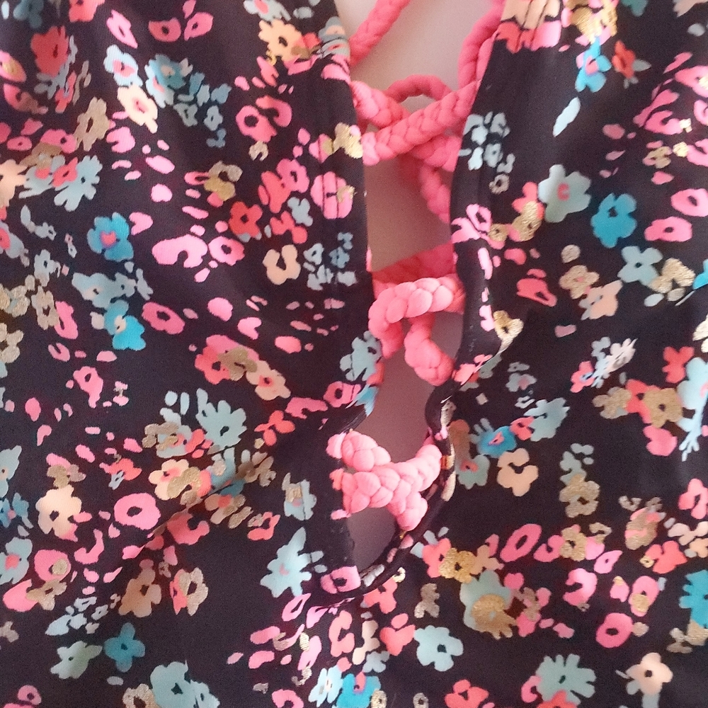 Joe boxer Neon Floral Black Tie Front Summer One Piece Womans Bathing Suit Large - Picture 4 of 6